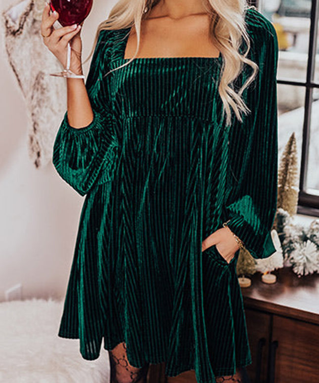 Green Tie Back Square Neck Velvet Babydoll Dress