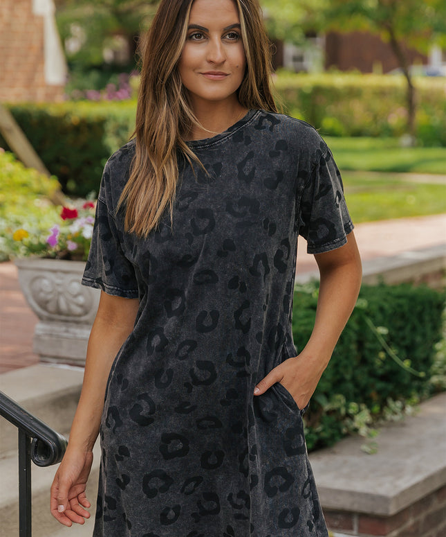 Gray Vintage Washed Leopard T-Shirt Dress with Pockets