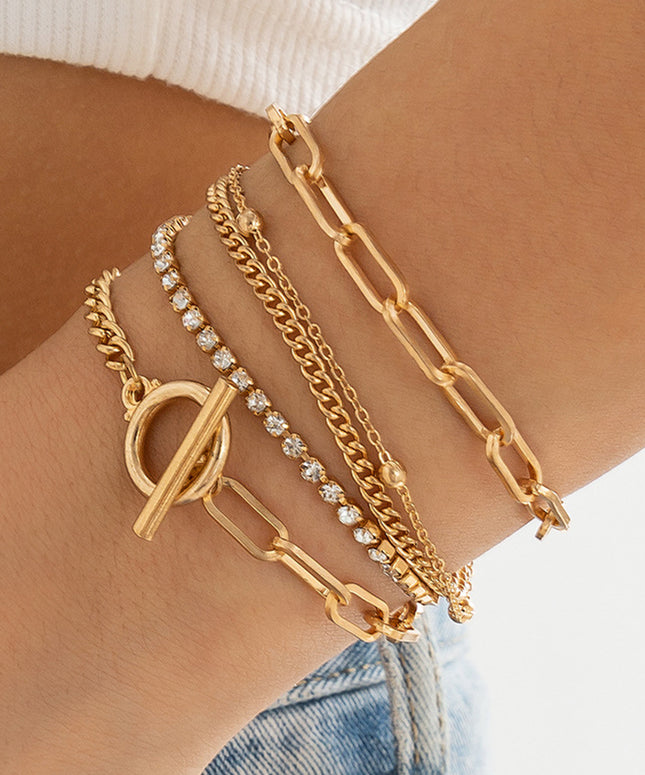 Gold Multi Layered Rhinestone Plated Chain Bracelet Set