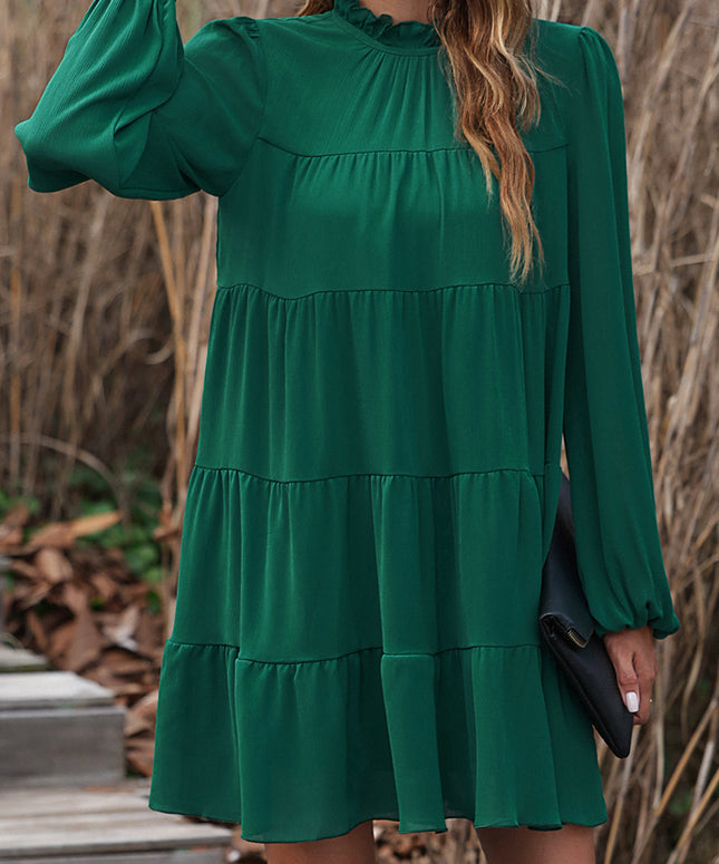 Green Puff Sleeve Mock Neck Back Knot Tiered Dress