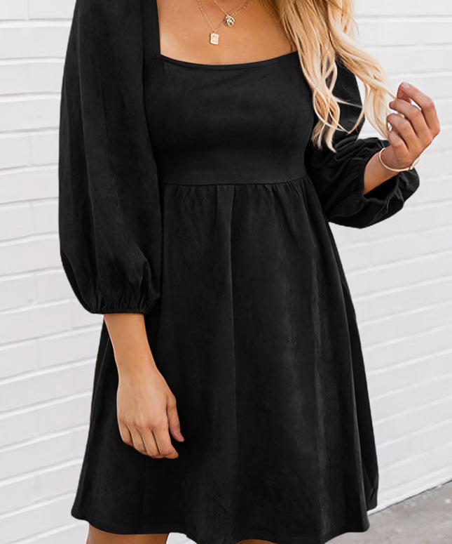Black Suede Square Neck Puff Sleeve Dress