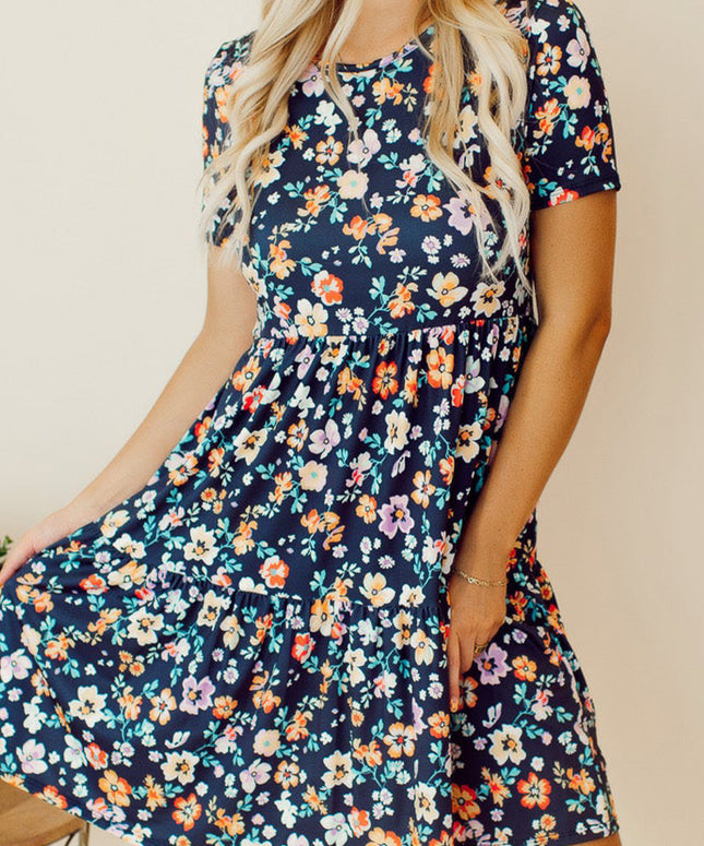 Blue Short Sleeve A-line Floral Dress